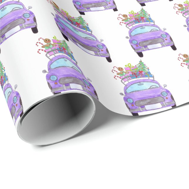 Papier Cadeau Voiture pourpre avec cadeaux de Noël Aquarelle (Coin rond)