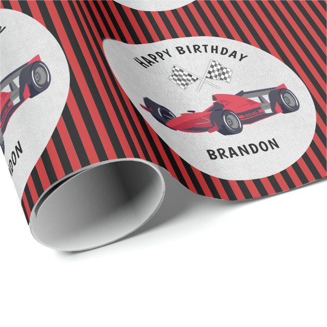 Papier Cadeau Voiture Red Race rayé Anniversaire Emballage perso (Coin rond)