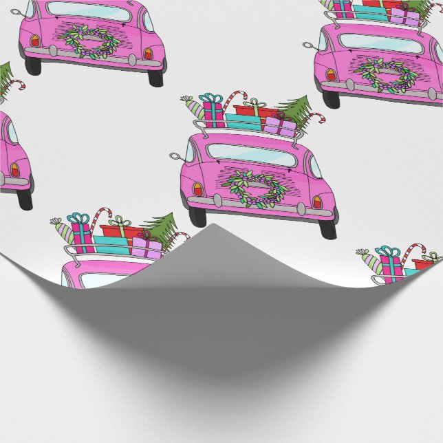 Papier Cadeau Voiture rose avec cadeaux de Noël (Coin)