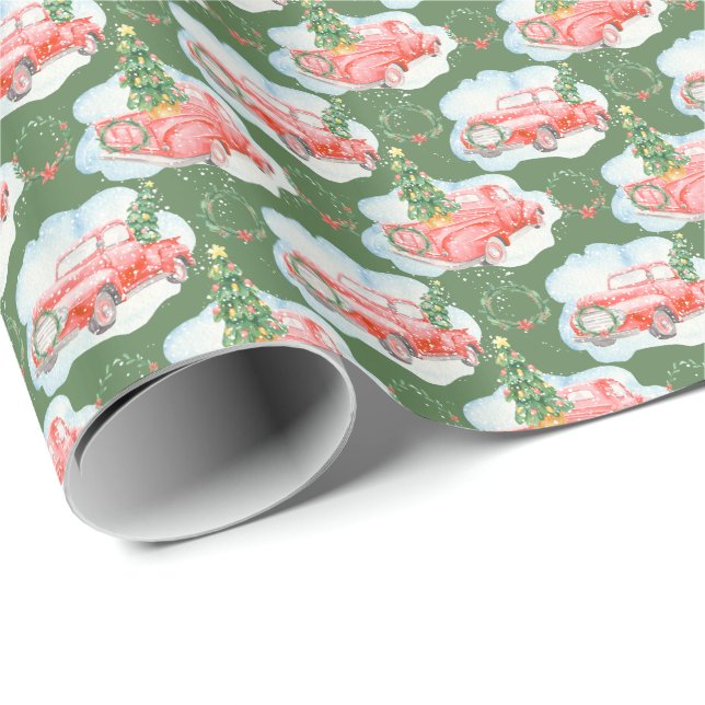 Papier Cadeau Voiture rouge aquarelle avec arbre de Noël vert (Coin rond)