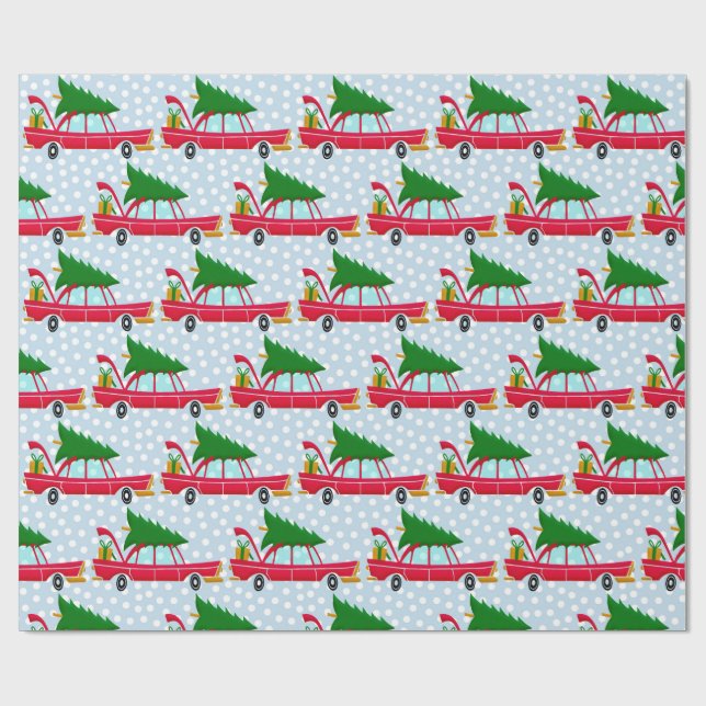 Papier Cadeau Voiture rouge rétro portant un arbre de Noël (Plat)