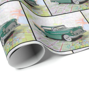 Papier Cadeau Voiture vintage 1955 sur la carte routière