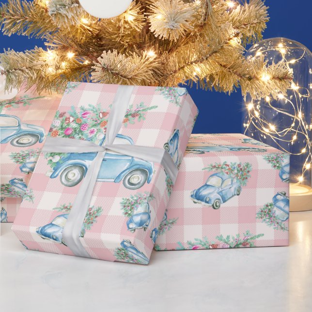 Papier Cadeau Voiture Vintage de Noël rose En vichy bleu (Vacances)