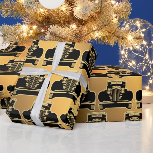Papier Cadeau Voiture Vintage Noir Or Luxe (Vacances)