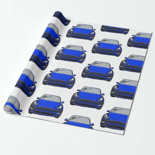 Papier Cadeau Voiture VUS de véhicule électrique bleu (Déroulé)