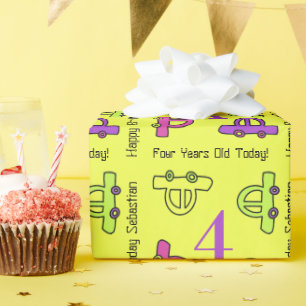 Papier Cadeau Voitures caricaturales jaunes Quatrième anniversai