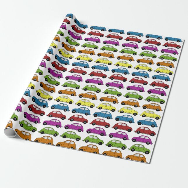 Papier Cadeau Voitures compactes amusantes de style rétro rangée (Déroulé)
