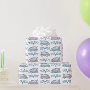 Papier Cadeau Voitures de course et drapeaux sur Motif blanc