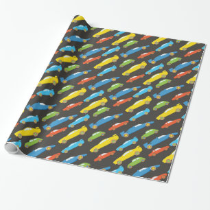 Papier Cadeau Voitures de course multicolores sur noir