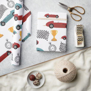 Papier Cadeau Voitures de course Vintages Blue & Red Fast Retro