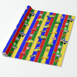 Papier Cadeau Voitures et camions Bleu, vert et jaune Garçon