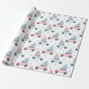 Papier Cadeau Voitures Pastel Rose et Bleues avec arbres de Noël