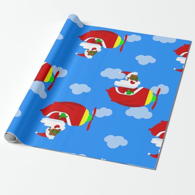 Papier Cadeau vol de noël pilote avion noir père Noël nuage (Déroulé)