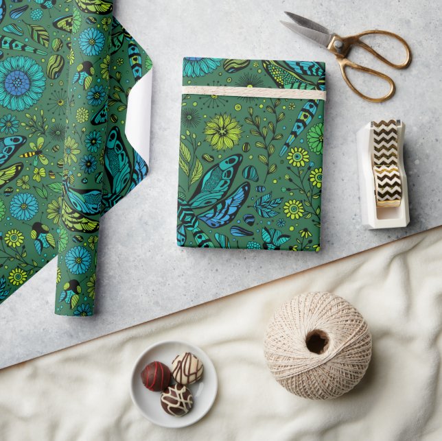 Papier Cadeau Voler, voler la libellule sur le vert émeraude (Artisanat)