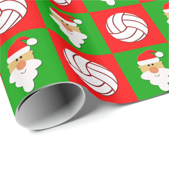 Papier Cadeau Volley-ball et Santa Clause Red & Green Christmas (Coin rond)