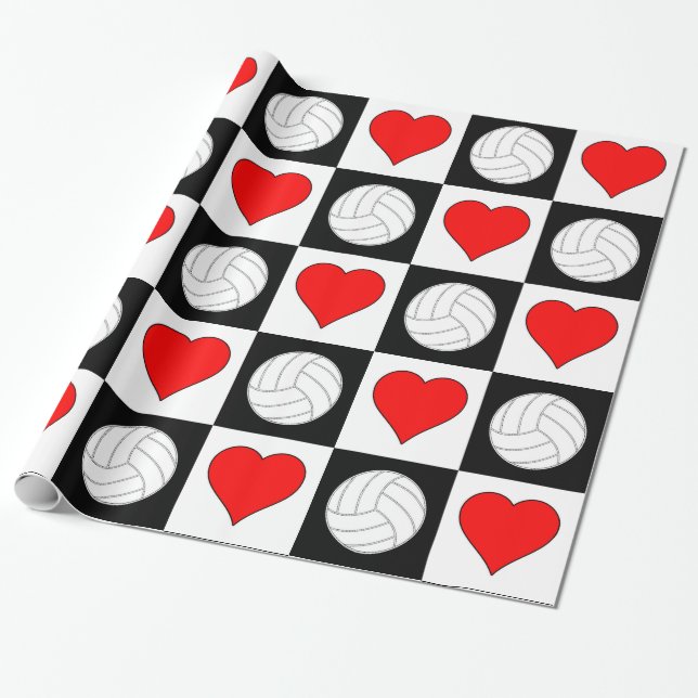 Papier Cadeau Volleyballs et Coeurs À damiers noir et blanc (Déroulé)
