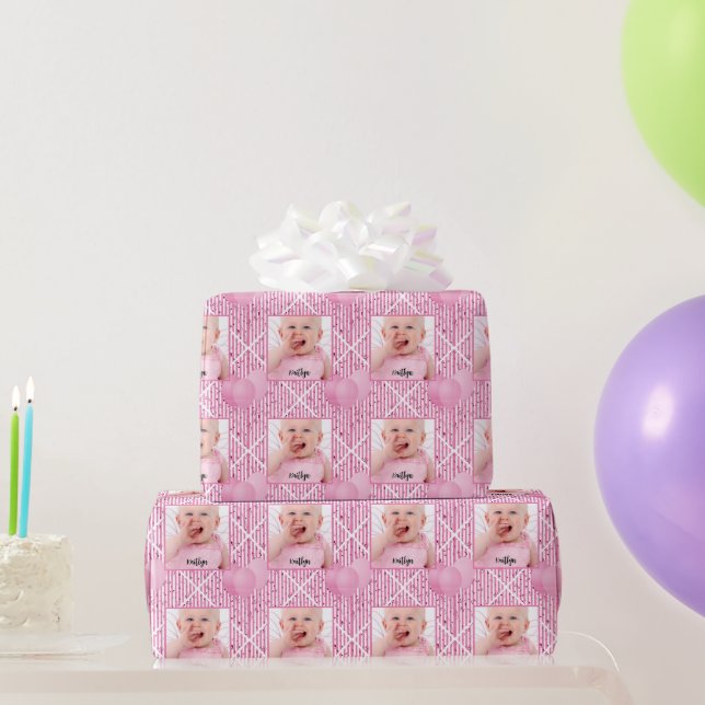 Papier Cadeau Votre Motif Photo Rose/Blanc Simple Stripes (Cadeaux de fête)