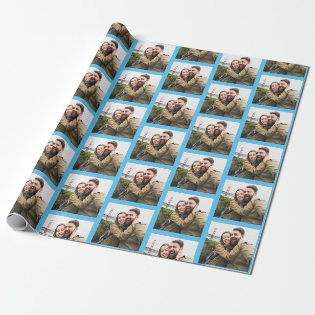 Papier Cadeau Votre Motif photo unique sur Blue Personnalisé (Déroulé)