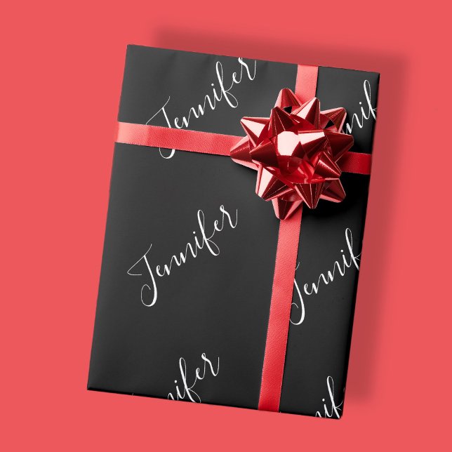 Papier Cadeau Votre nom | Élégant script blanc sur noir (Créateur téléchargé)