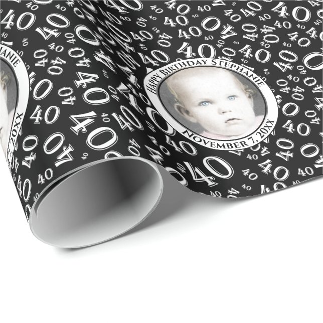 Papier Cadeau Votre photo | 40e Motif de numéro de retour/blanc (Coin rond)