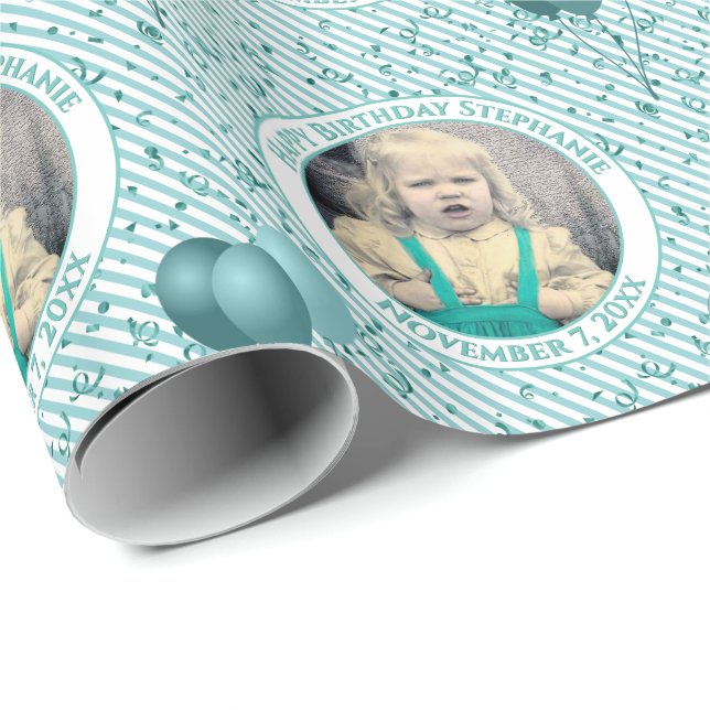 Papier Cadeau Votre texte .Photo Aqua/White Simple Stripes Motif (Coin rond)