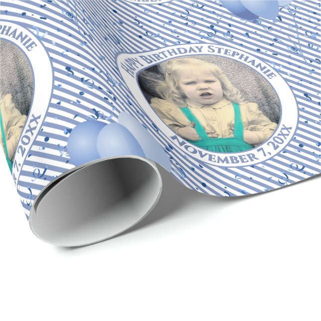 Papier Cadeau Votre texte .Photo Bleu/Blanc Simple Stripes Motif (Coin rond)