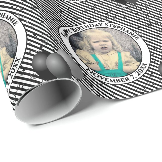 Papier Cadeau Votre texte.Photo Noir/Blanc Simple Stripes Motif (Coin rond)