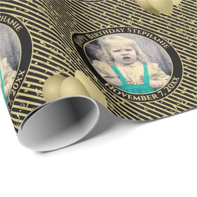 Papier Cadeau Votre texte.Photo Noir/Or Simple Stripes Motif (Coin rond)