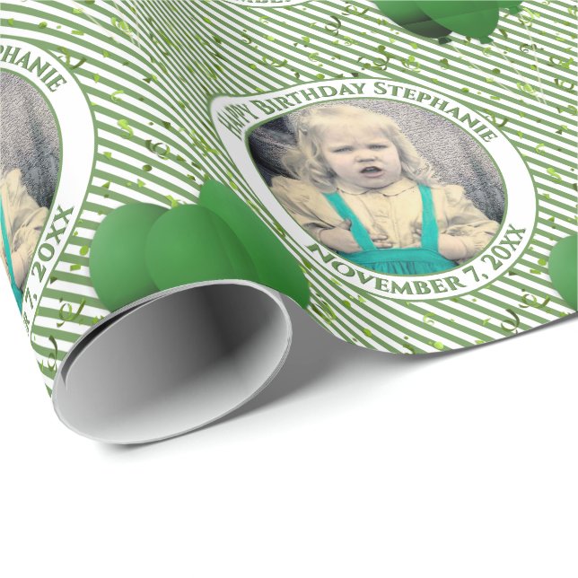 Papier Cadeau Votre Texte .Photo Vert/Blanc Simple Grandes (Coin rond)