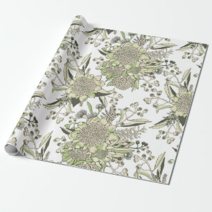 Papier Cadeau Waratah & Gumnut Eucalyptus - Vert Et Blanc