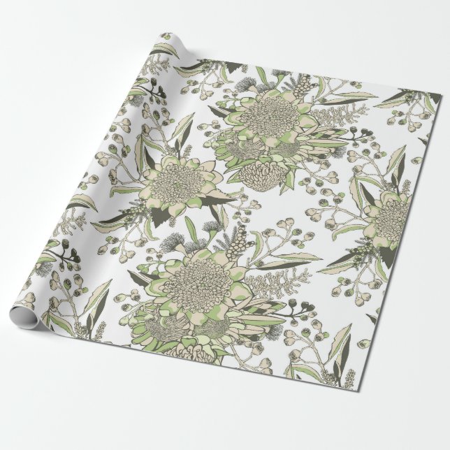 Papier Cadeau Waratah & Gumnut Eucalyptus - Vert Et Blanc (Déroulé)