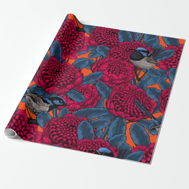 Papier Cadeau Waratah rouge et brunes (Déroulé)