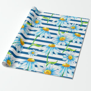 Papier Cadeau Watercolor chamomile on a white-blue striped backg