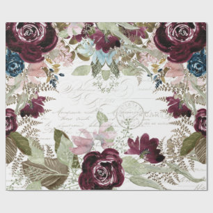 Papier Cadeau Watercolor Floral Bourgogne n Découpage de script 