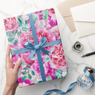 Papier Cadeau Watercolor Lush Pink Peonies & Green Teal Leaves
