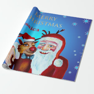 Papier Cadeau Watercolor Magical Santa Claus Smiling Rudolph