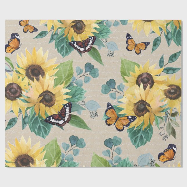 Papier Cadeau Watercolor Sunflowers and Butterflies Decoupage (Plat)