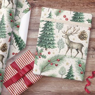 Papier Cadeau Watercolor Winter Forest Deer Christmas