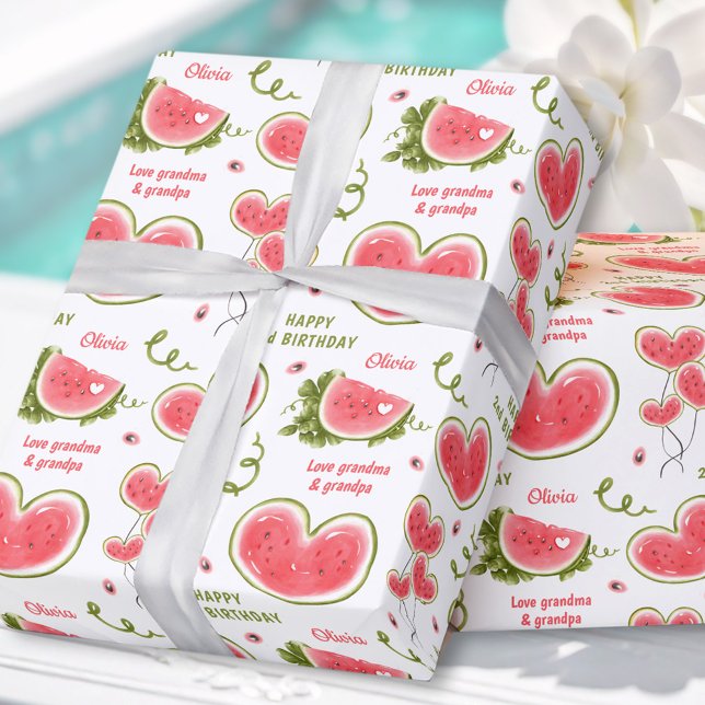 Papier Cadeau Watermelon rose été Anniversaire Nom de la fille T (Watermelon Pink Summer Birthday Girl Name Text Wrapping Paper)