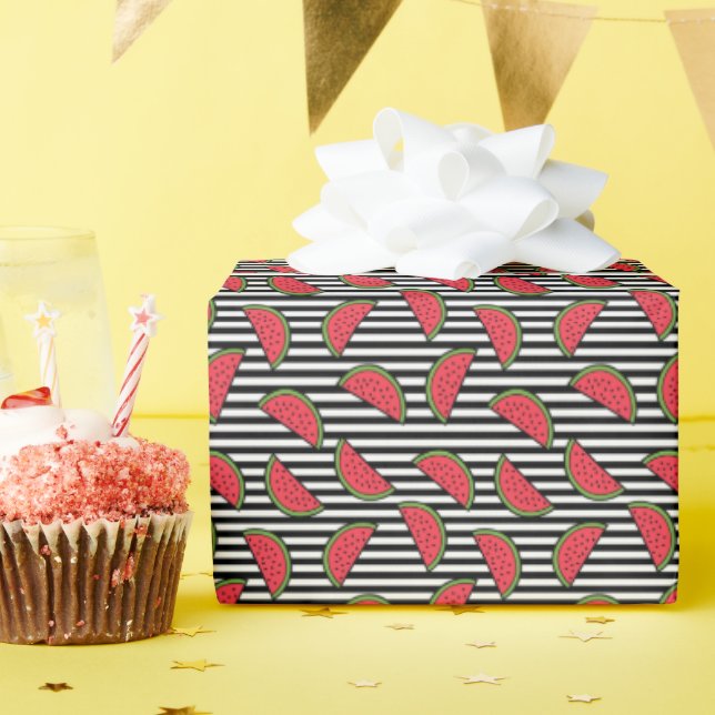 Papier Cadeau Watermelon sur Motif Black & White Stripes (Fête d'anniversaire)