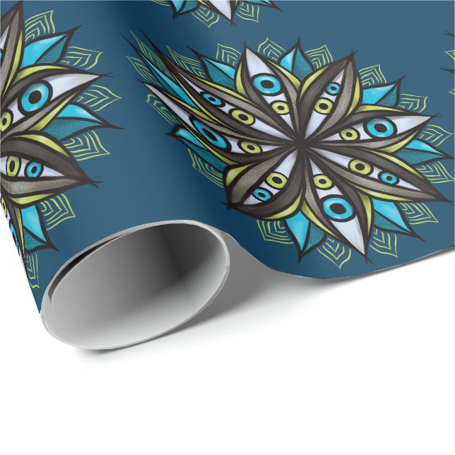 Papier Cadeau Weird Eyes Mandala Art - Trippy Flower Blue Green (Coin rond)
