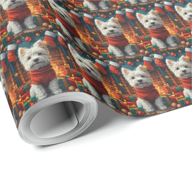 Papier Cadeau West Highland White Terrier Avec Cadeaux De Noël (Coin rond)