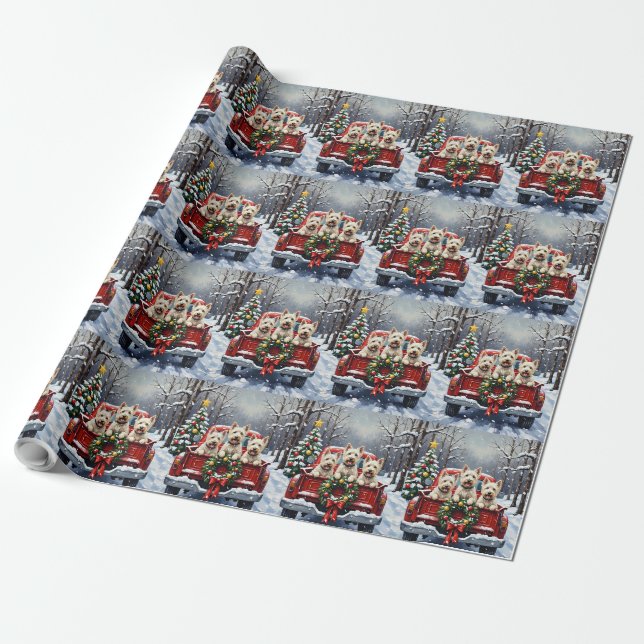 Papier Cadeau West Highland White Terrier Christmas Red Truck (Déroulé)