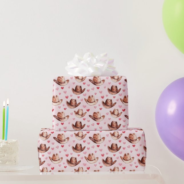 Papier Cadeau Western Brown Rose Cowgirl Coeurs Casquette Annive (Cadeaux de fête)