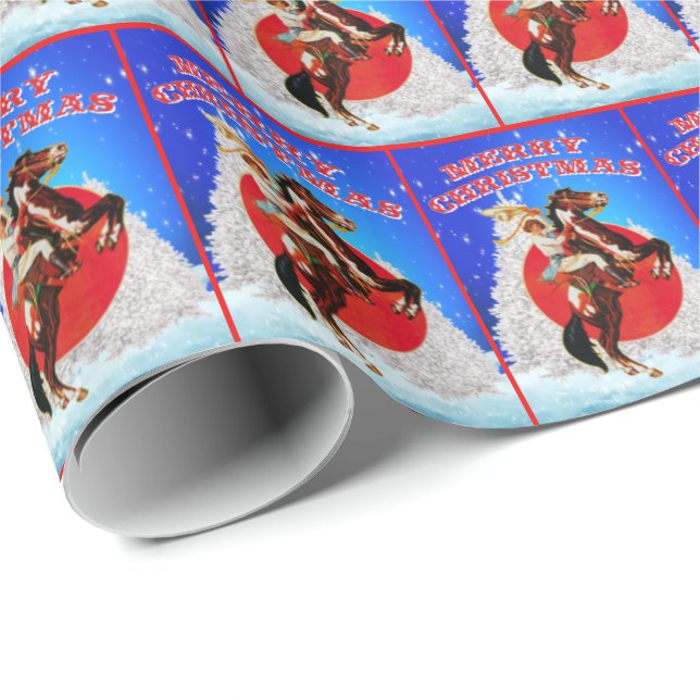 Papier Cadeau Western Cowgirl Horse Winter Scene Joyeux Noël (Coin rond)