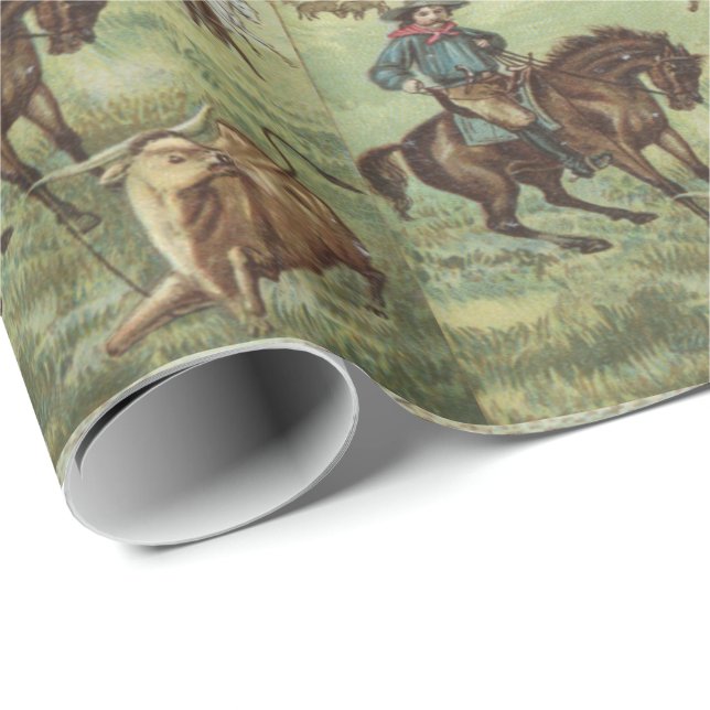 Papier Cadeau Western Gift Wrapping Papier Cowboy Roping A Steer (Coin rond)
