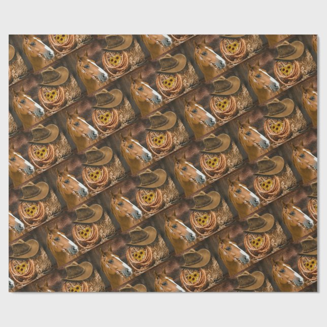 Papier Cadeau Western Horse Cowboy Casquette Lasso Sunflowers (Plat)