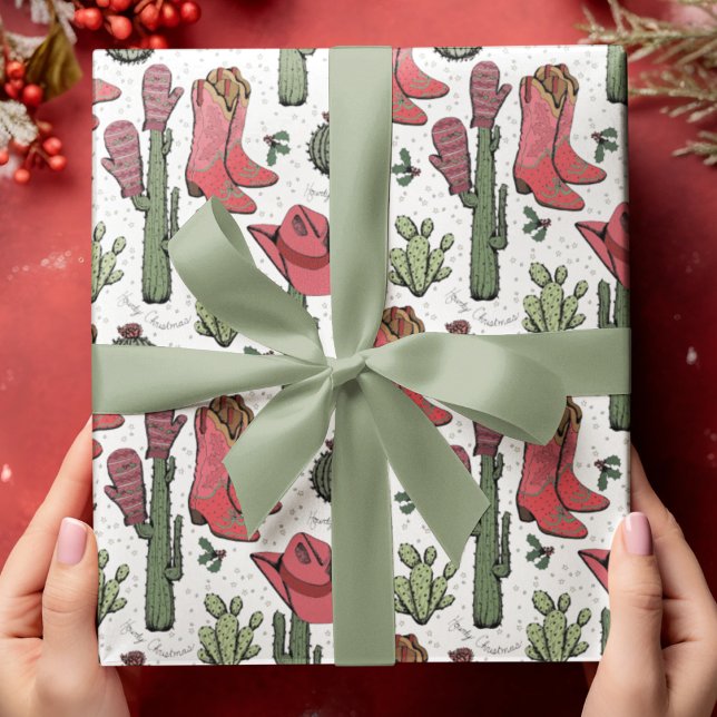 Papier Cadeau Western Howdy Christmas Cowgirl (Hand-Drawn Western "Howdy Christmas" Pattern. Cowboy Boots, Hats, Cactus, Holly Berries & Stars.)