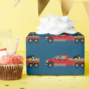 Papier Cadeau Western Ranch Cowboy en camion avec foin et chien