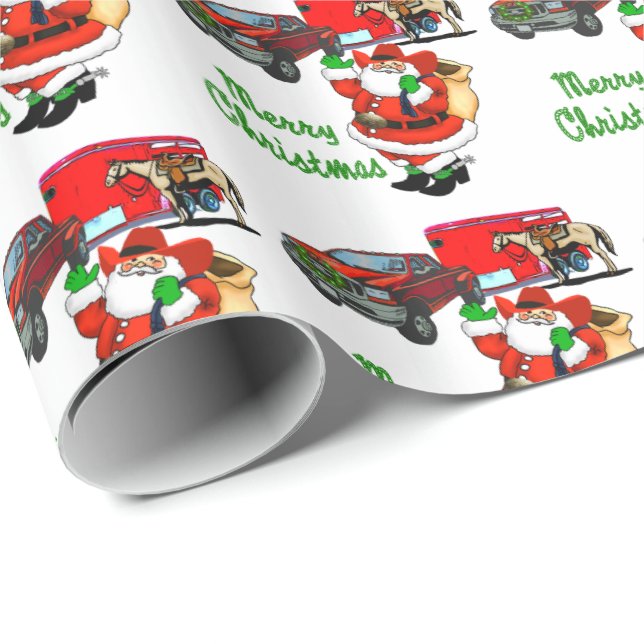 Papier Cadeau Western Rodeo Cowboy Truck Trailer Père Noël Noël (Coin rond)